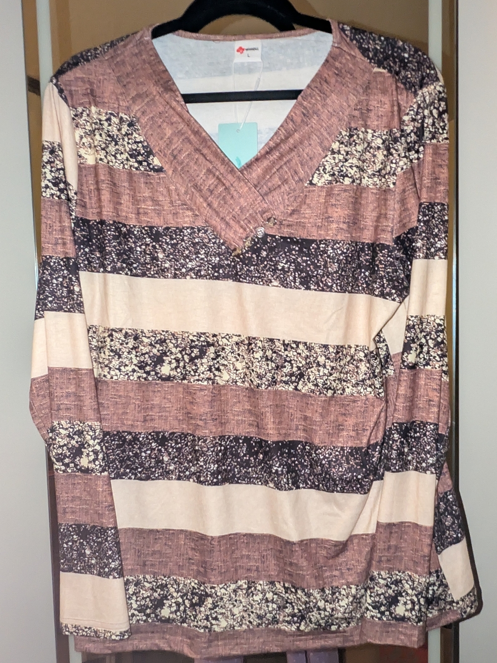 Striped V-Neck Long Sleeve Top - Brown Cream
